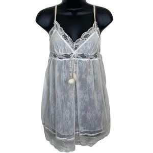 Eblin Lingerie White Lace Babydoll Chemise Dress‎ S Fuzzy Pom Pom Coquette Y2K
